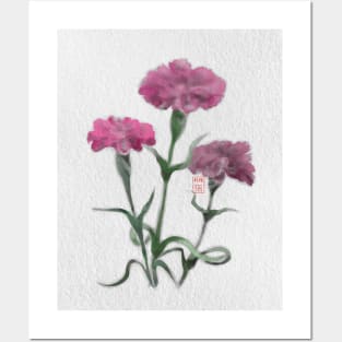 watercolor and sumiE ink pink carnations Posters and Art